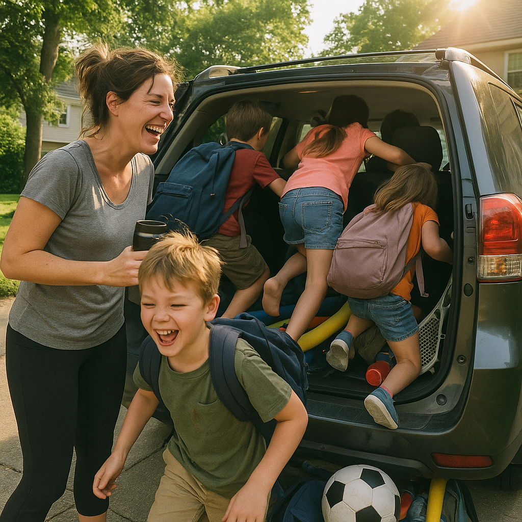 Mom loading three kids and sports gear into an SUV, everyone laughing