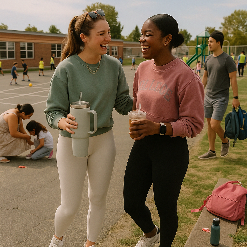 Two moms laughing together at school pickup — the village in action